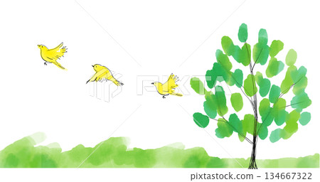 Landscape illustration of a large tree and grassland with small birds flying away 134667322