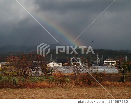 A rainbow over the winter sky, the Shikoku Mountains, and the Kancho Plain 134667380