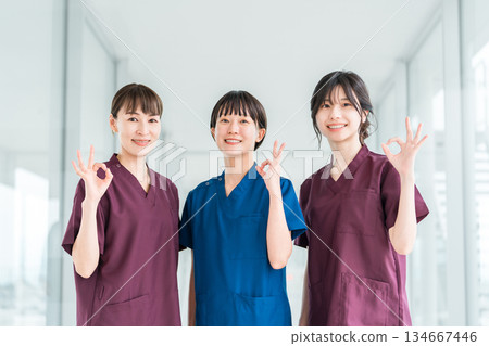 Female staff of doctors, physicians, nurses, medical professionals, doctors, occupational therapists and physical therapists wearing scrubs 134667446