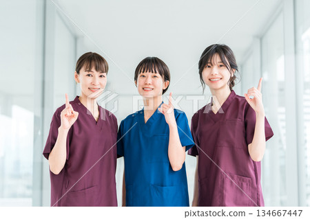 Female staff of doctors, physicians, nurses, medical professionals, doctors, occupational therapists and physical therapists wearing scrubs 134667447
