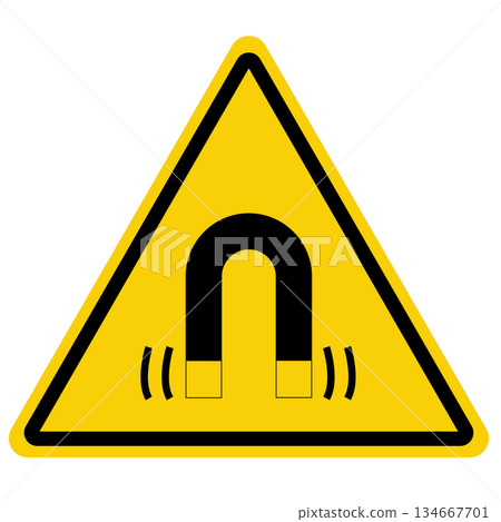 Magnetic field warning. Yellow triangle symbol. Danger Warning sign. Danger zone. flat style. 134667701