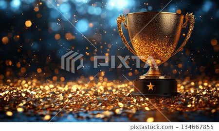 trophy with golden trophy on bokeh background 134667855