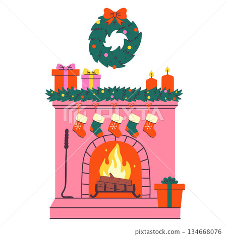Pink fireplace decorated for Christmas isolated on white background. Vector graphics. Pink fireplace decorated for Christmas isolated on white background. Vector graphics. 134668076