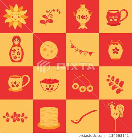 Maslenitsa or Shrovetide traditional holiday marking the end of winter. Vector doodle illustration of pancakes, samovar, matryoshka, sun, cockerel. Maslenitsa or Shrovetide traditional holiday marking the end of winter. Vector doodle illustration of pancakes, samovar, matryoshka, sun, cockerel. 134668141