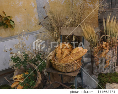 Farm bread and bakery. Food and organic products. Rustic composition. Design background. 134668173