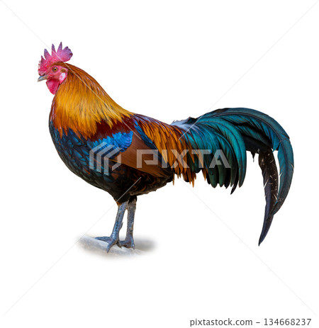Jungle Fowl displaying vivid orange blue and green plumage with a proud stance isolated on a clean white background Jungle Fowl displaying vivid orange blue and green plumage with a proud stance isolated on a clean white background 134668237
