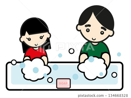 Dad and child washing their hands 134668328