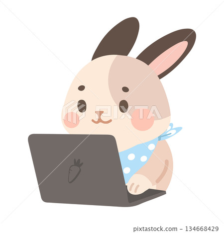 Cartoon Rabbit Working on Laptop Cartoon Rabbit Working on Laptop 134668429
