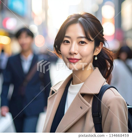 The scene where she smiles gently while surrounded by the city lights evokes the warmth and calm atmosphere of the city. 134668459