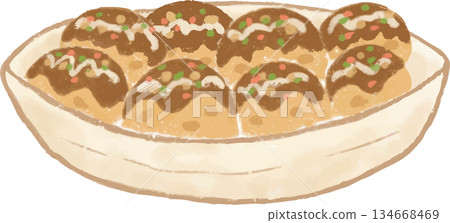 Illustration of delicious-looking takoyaki with sauce 134668469