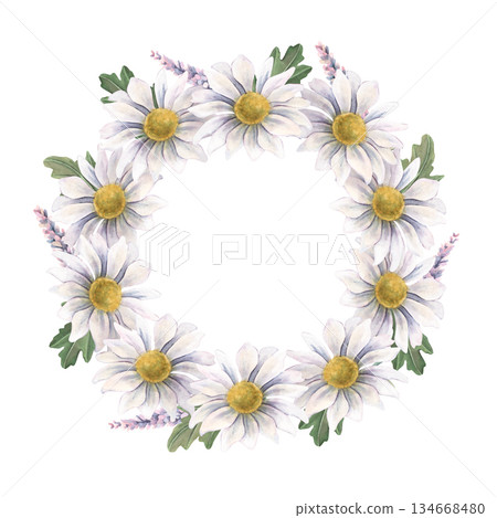 Wreath, white chrysanthemums, lavender sprigs, leaves, Hand-painted watercolor illustration isolated on white for wedding invitations, printing, textile, branding, packaging, cards, design projects Wreath, white chrysanthemums, lavender sprigs, leaves, Hand-painted watercolor illustration isolated on white for wedding invitations, printing, textile, branding, packaging, cards, design projects 134668480