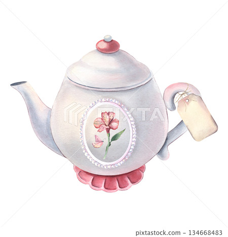 White ceramic teapot, pearl frame, alstroemeria flower, butterfly, empty label. Hand-painted watercolor illustration isolated on white for kitchen print, menu, tea, tableware branding, card, textile White ceramic teapot, pearl frame, alstroemeria flower, butterfly, empty label. Hand-painted watercolor illustration isolated on white for kitchen print, menu, tea, tableware branding, card, textile 134668483