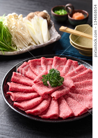 Thinly sliced domestic Wagyu beef shoulder for shabu-shabu 134668654