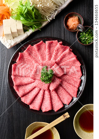 Thinly sliced domestic Wagyu beef shoulder for shabu-shabu 134668655