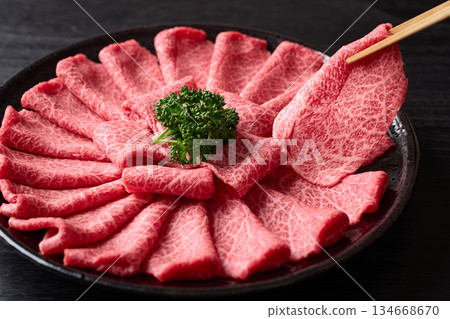 Thinly sliced domestic Wagyu beef shoulder for shabu-shabu Thinly sliced domestic Wagyu beef shoulder for shabu-shabu 134668670