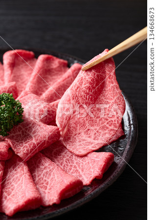 Thinly sliced domestic Wagyu beef shoulder for shabu-shabu Thinly sliced domestic Wagyu beef shoulder for shabu-shabu 134668673