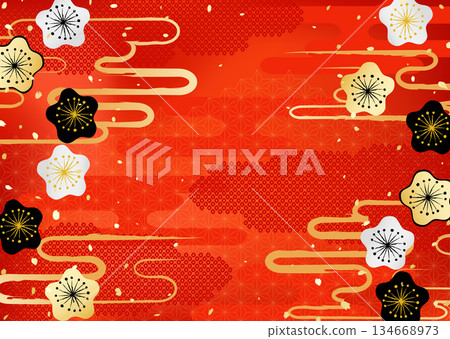 一幅精美的背景插圖,融合了梅花和傳統的日本圖案。 一幅精美的背景插圖,融合了梅花和傳統的日本圖案。 134668973