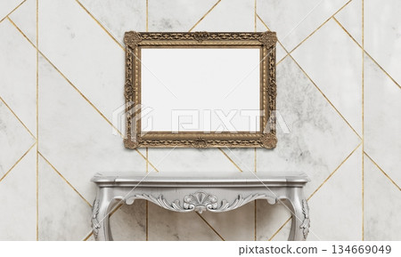 Antique Picture Frame Mock up and Silver Table. 3D Rendering. 134669049