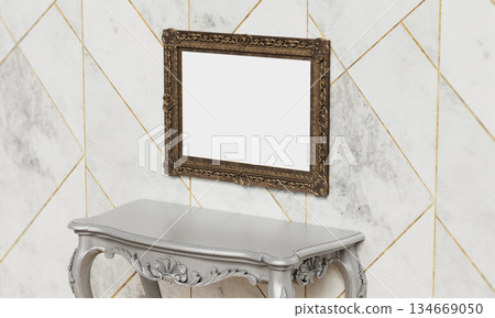 Antique Picture Frame Mock up and Silver Table. 3D Rendering. 134669050