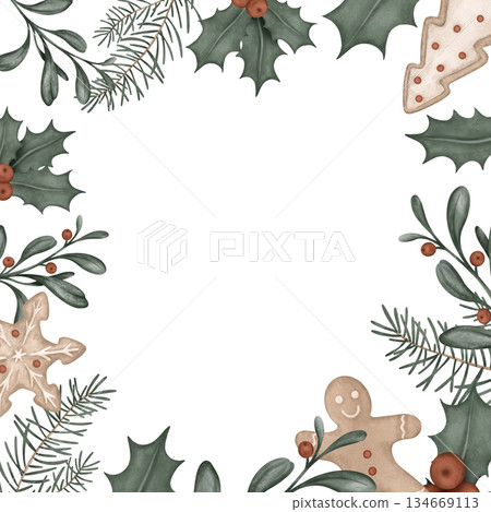 Square frame watercolor illustration with pine branches, for tree, bow. Postcard for holly and red berries and sweet cookie gingerbread. Hand drawn new year illustration . Square frame watercolor illustration with pine branches, for tree, bow. Postcard for holly and red berries and sweet cookie gingerbread. Hand drawn new year illustration . 134669113