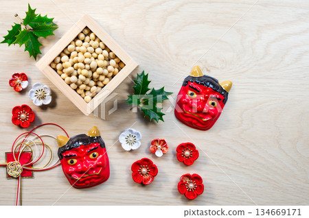 節分設計：枇杷、豆子、冬青和惡魔 134669171