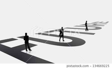 Conceptual corporate artwork with people standing on word FUTURE. 134669225