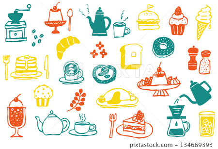 Colorful illustration set of hand-drawn cafe menu and sweets Colorful illustration set of hand-drawn cafe menu and sweets 134669393