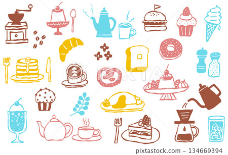 一組色彩鮮豔的手繪咖啡館菜單和甜點插畫集 134669394