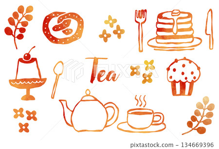 手繪茶具插畫集（水彩紋理，橘色） 134669396