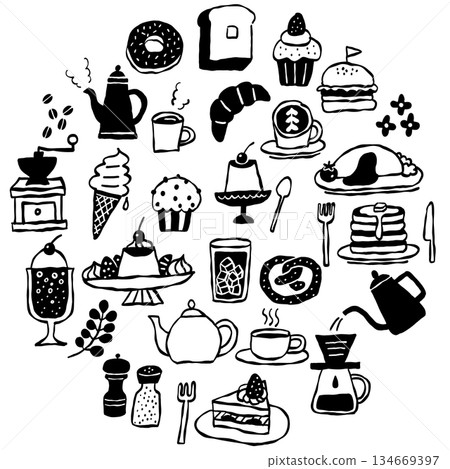 Hand-drawn cafe menu and sweets monochrome illustration set 134669397