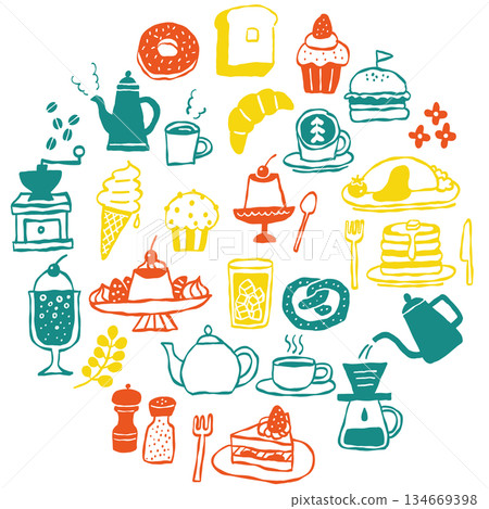Colorful illustration set of hand-drawn cafe menu and sweets 134669398