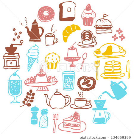 一組色彩鮮豔的手繪咖啡館菜單和甜點插畫集 134669399