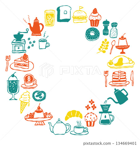 Colorful circular frame and decorative frame material of hand-drawn cafe icons and sweets Colorful circular frame and decorative frame material of hand-drawn cafe icons and sweets 134669401