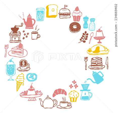 手繪咖啡館圖示和甜點粉彩色圓形邊框/裝飾邊框材料 134669402
