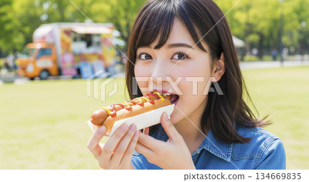 女人正在吃熱狗 134669835