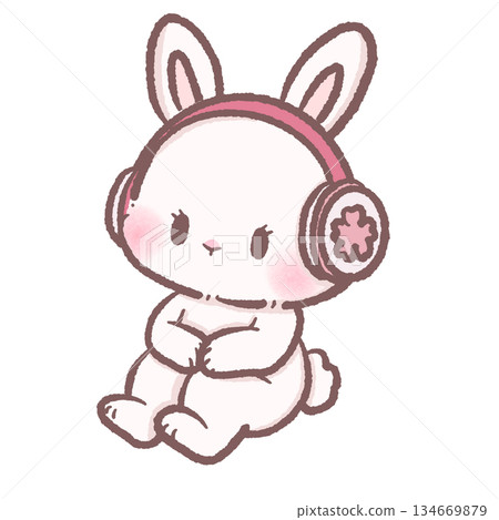 Soft kawaii bunny wearing cozy pink headphones enjoying a peaceful spring moment surrounded by gentle sakura vibes pastel calm music mood illustration Soft kawaii bunny wearing cozy pink headphones enjoying a peaceful spring moment surrounded by gentle sakura vibes pastel calm music mood illustration 134669879