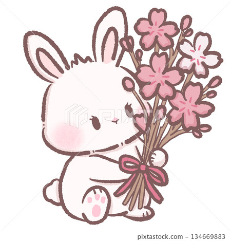 Cute Sakura Bunny Holding Cherry Blossom Bouquet Soft Pastel Rabbit Illustration Kawaii Spring Floral Clipart For Stickers Cards And Gifts 134669883