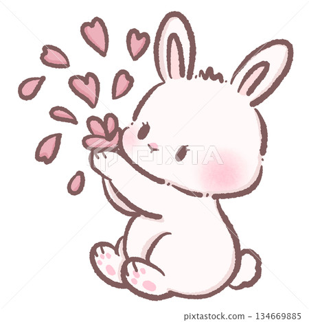 Cute kawaii white bunny playing with floating sakura petals soft pastel spring illustration for stickers cards and Japanese themed designs Cute kawaii white bunny playing with floating sakura petals soft pastel spring illustration for stickers cards and Japanese themed designs 134669885