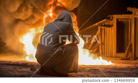 Person in hood watches large fire burn at night Person in hood watches large fire burn at night 134669959