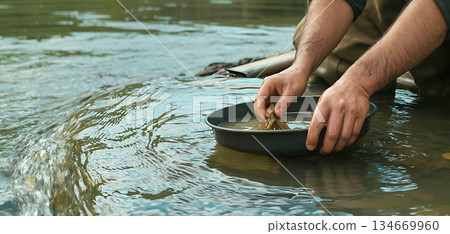 Person panning for gold in a flowing river stream 134669960