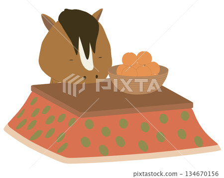A brown horse relaxing in a kotatsu 134670156
