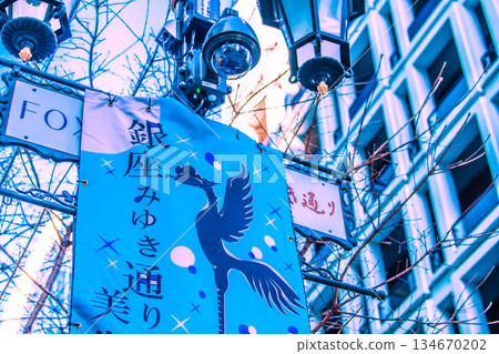 Tokyo cityscape in Japan. Security cameras in operation on street corners. Security cameras on Ginza Miyuki Street. 134670202