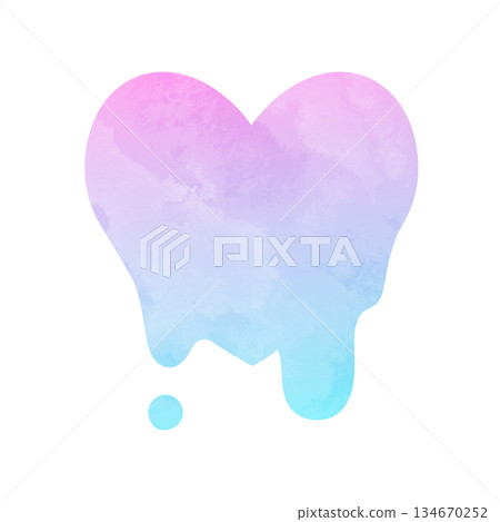 Hand-drawn watercolor illustration of a simple melting heart, pink, light blue, gradient 134670252