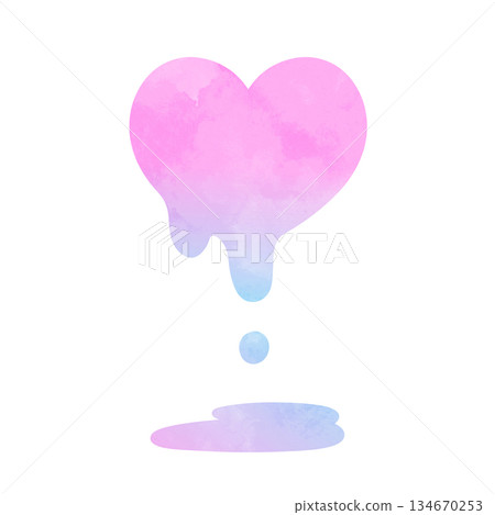 Hand-drawn watercolor illustration of a melting heart creating a puddle, pink, light blue, gradient Hand-drawn watercolor illustration of a melting heart creating a puddle, pink, light blue, gradient 134670253