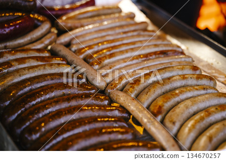 raditional German Sausages and Bratwurst at Local Street Food Market raditional German Sausages and Bratwurst at Local Street Food Market 134670257