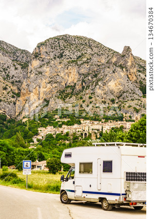 Camper and Moustiers-Sainte-Marie village, France Camper and Moustiers-Sainte-Marie village, France 134670384
