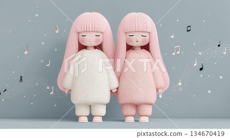 Pastel-colored twin characters surrounded by music Pastel-colored twin characters surrounded by music 134670419