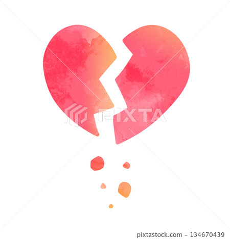Hand-drawn watercolor illustration of a cracked heart with pieces falling apart. Red, yellow, gradation. 134670439