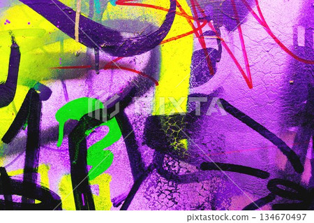 Abstract Graffiti Art with Bright Yellow, Purple, Green Colors and 90s Neon Glow Style Abstract Graffiti Art with Bright Yellow, Purple, Green Colors and 90s Neon Glow Style 134670497