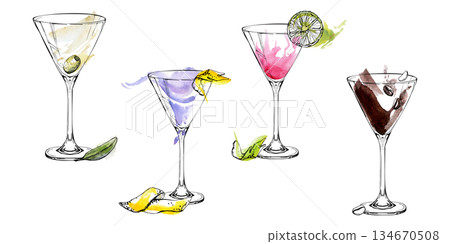 Set of Aviation, Espresso martini, Cosmopolitan or Strawberry Daiquiri drinks. Citrus, olive and coffee beans. Watercolor wash with ink line glasses hand drawn for product labels or culinary blog art. Set of Aviation, Espresso martini, Cosmopolitan or Strawberry Daiquiri drinks. Citrus, olive and coffee beans. Watercolor wash with ink line glasses hand drawn for product labels or culinary blog art. 134670508
